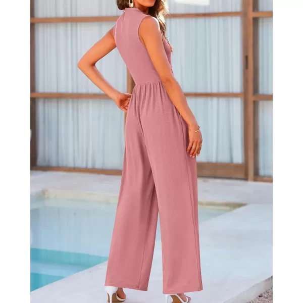 imageBTFBM One Piece Jumpsuits For Women Dressy Casual Summer Outfits Sleeveless Mock Neck Wide Leg Pants Rompers With PocketSolid Dusty Pink