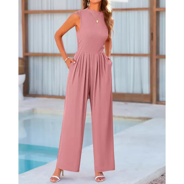 imageBTFBM One Piece Jumpsuits For Women Dressy Casual Summer Outfits Sleeveless Mock Neck Wide Leg Pants Rompers With PocketSolid Dusty Pink