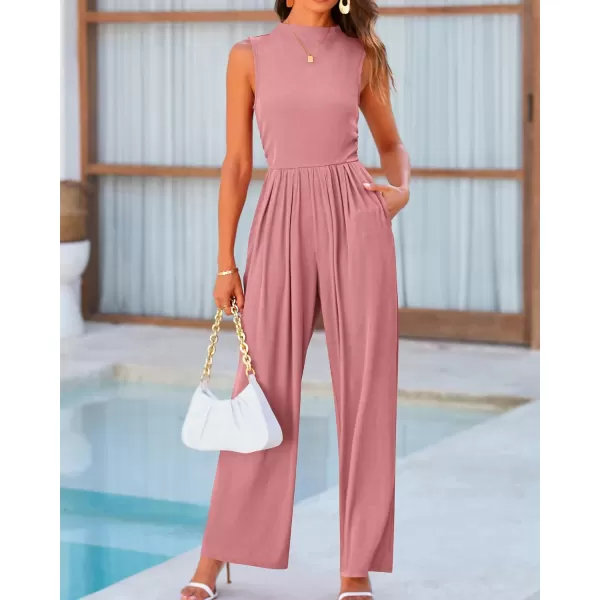 imageBTFBM One Piece Jumpsuits For Women Dressy Casual Summer Outfits Sleeveless Mock Neck Wide Leg Pants Rompers With PocketSolid Dusty Pink