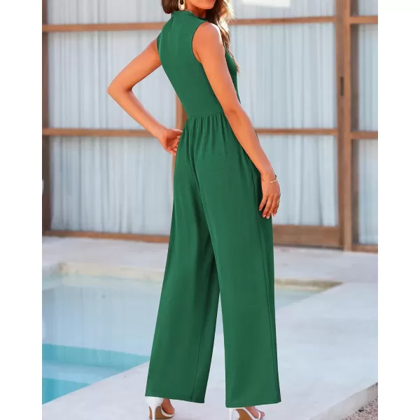 imageBTFBM One Piece Jumpsuits For Women Dressy Casual Summer Outfits Sleeveless Mock Neck Wide Leg Pants Rompers With PocketSolid Green