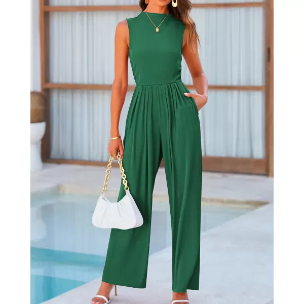 imageBTFBM One Piece Jumpsuits For Women Dressy Casual Summer Outfits Sleeveless Mock Neck Wide Leg Pants Rompers With PocketSolid Green