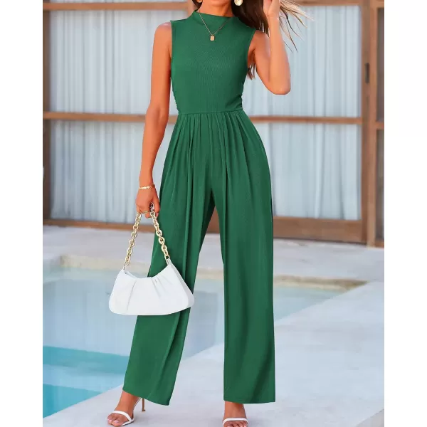 imageBTFBM One Piece Jumpsuits For Women Dressy Casual Summer Outfits Sleeveless Mock Neck Wide Leg Pants Rompers With PocketSolid Green