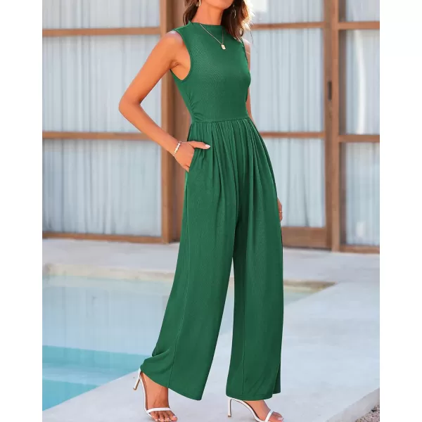 imageBTFBM One Piece Jumpsuits For Women Dressy Casual Summer Outfits Sleeveless Mock Neck Wide Leg Pants Rompers With PocketSolid Green