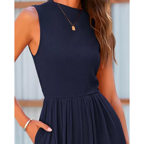 imageBTFBM One Piece Jumpsuits For Women Dressy Casual Summer Outfits Sleeveless Mock Neck Wide Leg Pants Rompers With PocketSolid Navy