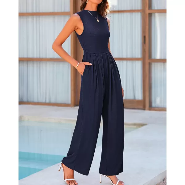 imageBTFBM One Piece Jumpsuits For Women Dressy Casual Summer Outfits Sleeveless Mock Neck Wide Leg Pants Rompers With PocketSolid Navy