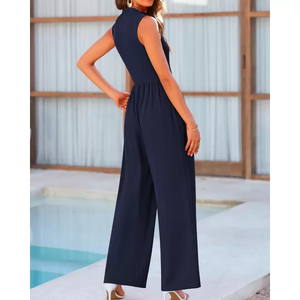 imageBTFBM One Piece Jumpsuits For Women Dressy Casual Summer Outfits Sleeveless Mock Neck Wide Leg Pants Rompers With PocketSolid Navy