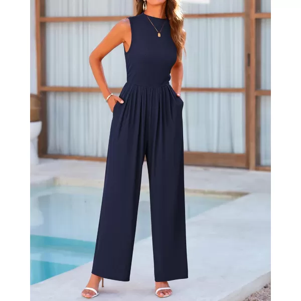 imageBTFBM One Piece Jumpsuits For Women Dressy Casual Summer Outfits Sleeveless Mock Neck Wide Leg Pants Rompers With PocketSolid Navy