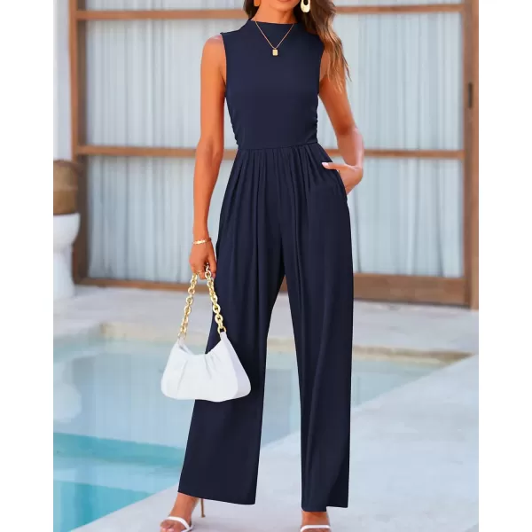 imageBTFBM One Piece Jumpsuits For Women Dressy Casual Summer Outfits Sleeveless Mock Neck Wide Leg Pants Rompers With PocketSolid Navy