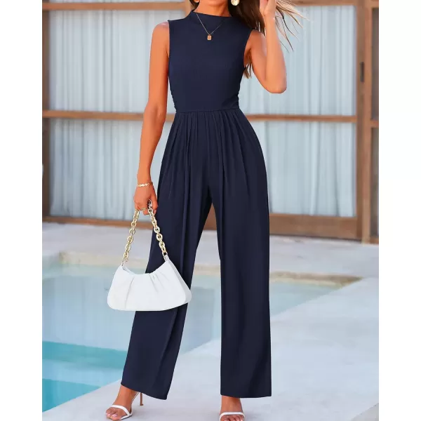 imageBTFBM One Piece Jumpsuits For Women Dressy Casual Summer Outfits Sleeveless Mock Neck Wide Leg Pants Rompers With PocketSolid Navy
