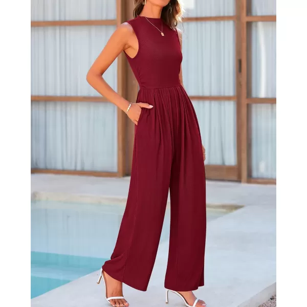 imageBTFBM One Piece Jumpsuits For Women Dressy Casual Summer Outfits Sleeveless Mock Neck Wide Leg Pants Rompers With PocketSolid Wine Red