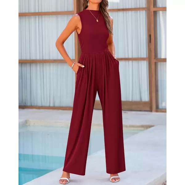 imageBTFBM One Piece Jumpsuits For Women Dressy Casual Summer Outfits Sleeveless Mock Neck Wide Leg Pants Rompers With PocketSolid Wine Red