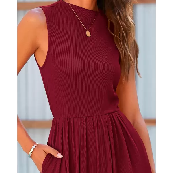 imageBTFBM One Piece Jumpsuits For Women Dressy Casual Summer Outfits Sleeveless Mock Neck Wide Leg Pants Rompers With PocketSolid Wine Red