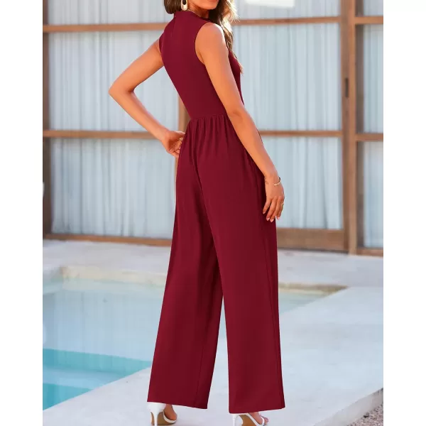 imageBTFBM One Piece Jumpsuits For Women Dressy Casual Summer Outfits Sleeveless Mock Neck Wide Leg Pants Rompers With PocketSolid Wine Red