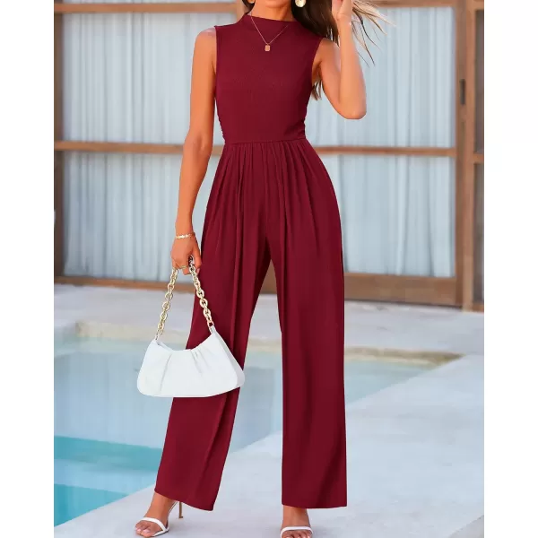 imageBTFBM One Piece Jumpsuits For Women Dressy Casual Summer Outfits Sleeveless Mock Neck Wide Leg Pants Rompers With PocketSolid Wine Red