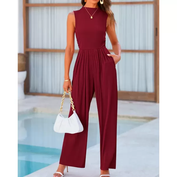 imageBTFBM One Piece Jumpsuits For Women Dressy Casual Summer Outfits Sleeveless Mock Neck Wide Leg Pants Rompers With PocketSolid Wine Red