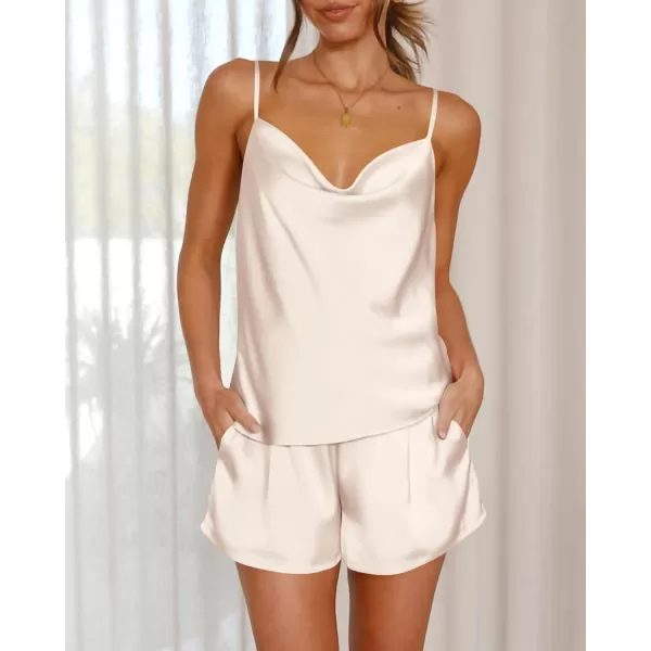imageBTFBM Silk Pajamas Set For Women Soft Comfy Cami And Shorts 2 Piece Pj Set Sexy Satin Nightwear Sleepwear With PocketSolid Beige