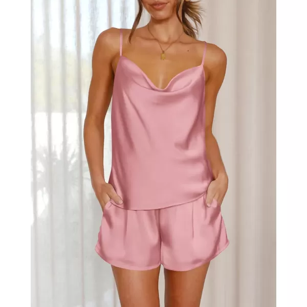 imageBTFBM Silk Pajamas Set For Women Soft Comfy Cami And Shorts 2 Piece Pj Set Sexy Satin Nightwear Sleepwear With PocketSolid Pink