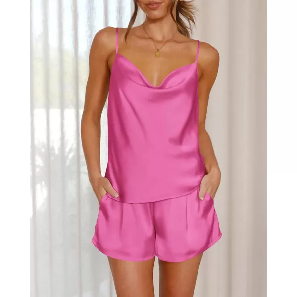 imageBTFBM Silk Pajamas Set For Women Soft Comfy Cami And Shorts 2 Piece Pj Set Sexy Satin Nightwear Sleepwear With PocketSolid Rose Red