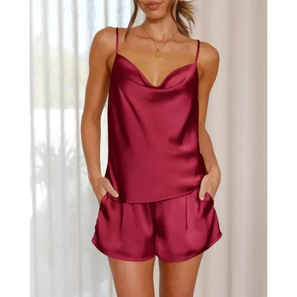imageBTFBM Silk Pajamas Set For Women Soft Comfy Cami And Shorts 2 Piece Pj Set Sexy Satin Nightwear Sleepwear With PocketSolid Wine Red