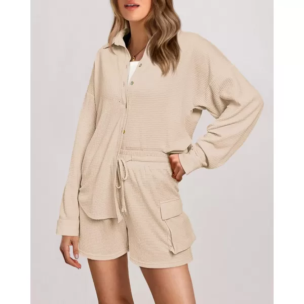 imageBTFBM Women 2 Piece Lounge Sets Button Down Shirt And Elastic Waist Shorts Casual Waffle Knit Fall Outfits with PocketSolid Beige
