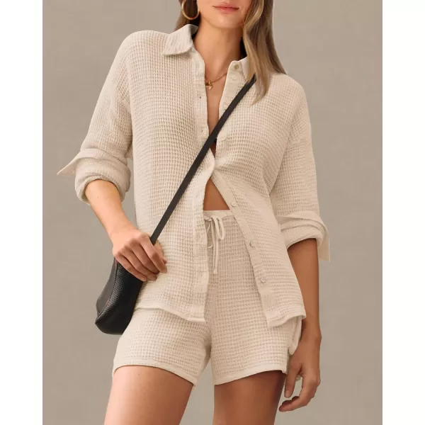 imageBTFBM Women 2 Piece Lounge Sets Button Down Shirt And Elastic Waist Shorts Casual Waffle Knit Fall Outfits with PocketSolid Beige