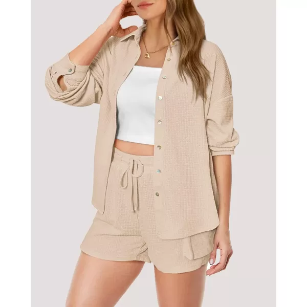 imageBTFBM Women 2 Piece Lounge Sets Button Down Shirt And Elastic Waist Shorts Casual Waffle Knit Fall Outfits with PocketSolid Beige