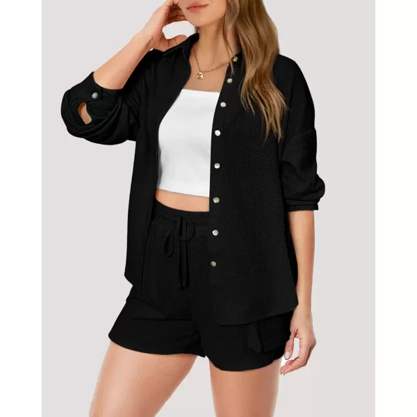imageBTFBM Women 2 Piece Lounge Sets Button Down Shirt And Elastic Waist Shorts Casual Waffle Knit Fall Outfits with PocketSolid Black