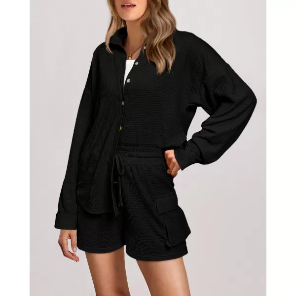imageBTFBM Women 2 Piece Lounge Sets Button Down Shirt And Elastic Waist Shorts Casual Waffle Knit Fall Outfits with PocketSolid Black