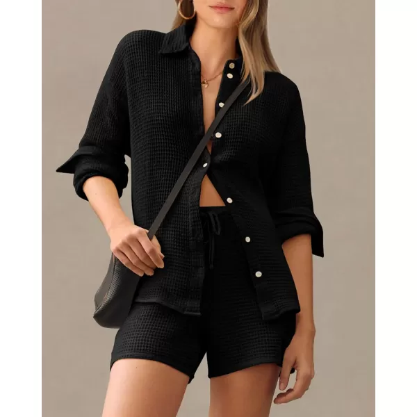 imageBTFBM Women 2 Piece Lounge Sets Button Down Shirt And Elastic Waist Shorts Casual Waffle Knit Fall Outfits with PocketSolid Black