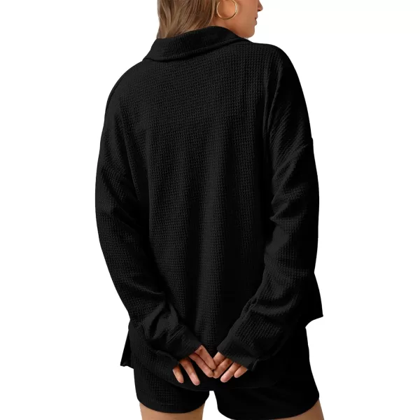 imageBTFBM Women 2 Piece Lounge Sets Button Down Shirt And Elastic Waist Shorts Casual Waffle Knit Fall Outfits with PocketSolid Black