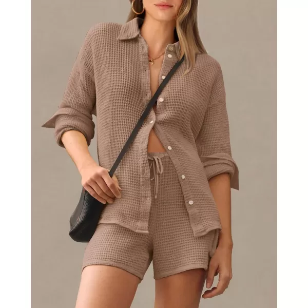 imageBTFBM Women 2 Piece Lounge Sets Button Down Shirt And Elastic Waist Shorts Casual Waffle Knit Fall Outfits with PocketSolid Dark Khaki