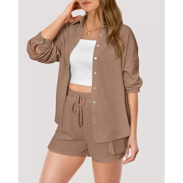 imageBTFBM Women 2 Piece Lounge Sets Button Down Shirt And Elastic Waist Shorts Casual Waffle Knit Fall Outfits with PocketSolid Dark Khaki