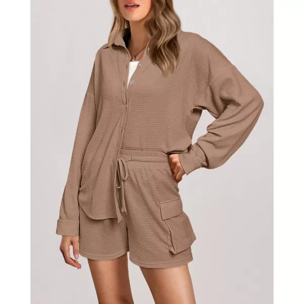 imageBTFBM Women 2 Piece Lounge Sets Button Down Shirt And Elastic Waist Shorts Casual Waffle Knit Fall Outfits with PocketSolid Dark Khaki