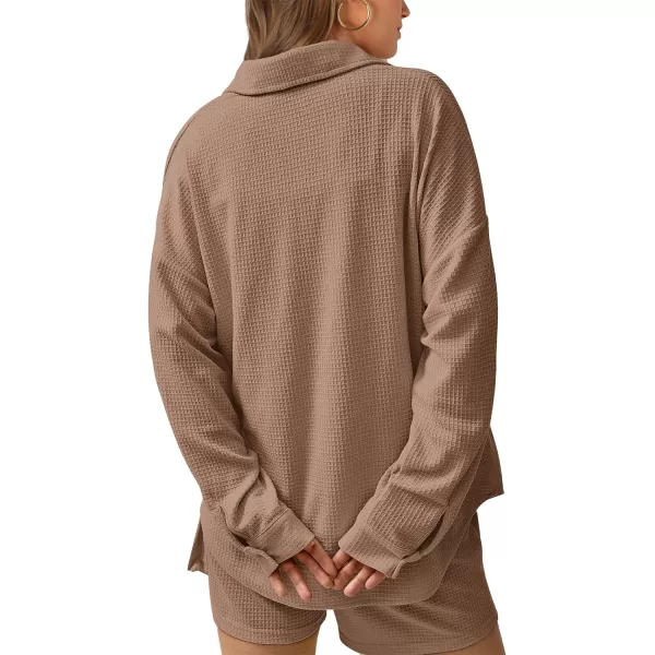imageBTFBM Women 2 Piece Lounge Sets Button Down Shirt And Elastic Waist Shorts Casual Waffle Knit Fall Outfits with PocketSolid Dark Khaki