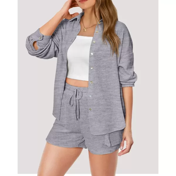 imageBTFBM Women 2 Piece Lounge Sets Button Down Shirt And Elastic Waist Shorts Casual Waffle Knit Fall Outfits with PocketSolid Light Grey