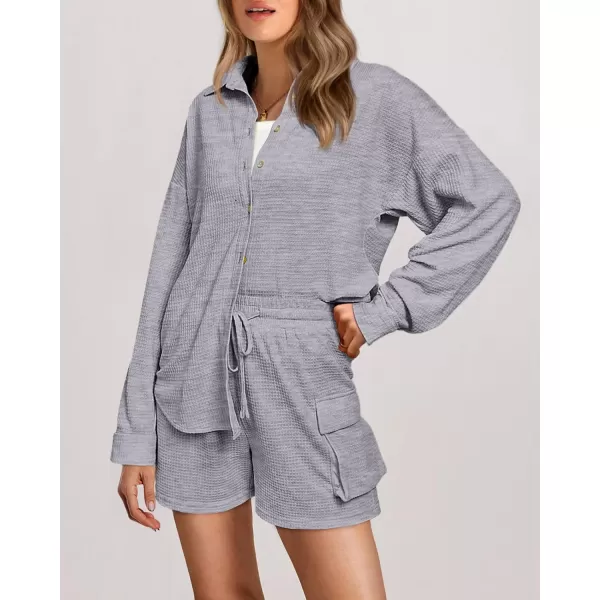 imageBTFBM Women 2 Piece Lounge Sets Button Down Shirt And Elastic Waist Shorts Casual Waffle Knit Fall Outfits with PocketSolid Light Grey