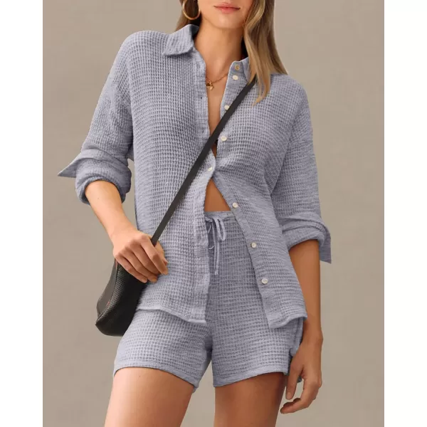 imageBTFBM Women 2 Piece Lounge Sets Button Down Shirt And Elastic Waist Shorts Casual Waffle Knit Fall Outfits with PocketSolid Light Grey