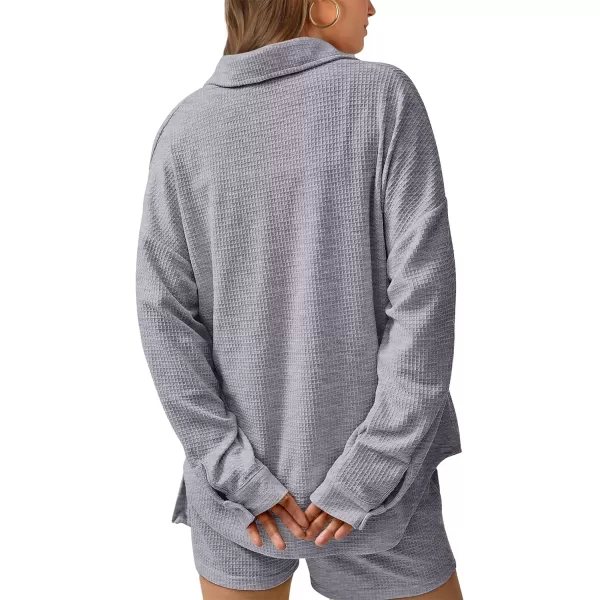 imageBTFBM Women 2 Piece Lounge Sets Button Down Shirt And Elastic Waist Shorts Casual Waffle Knit Fall Outfits with PocketSolid Light Grey