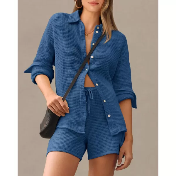 imageBTFBM Women 2 Piece Lounge Sets Button Down Shirt And Elastic Waist Shorts Casual Waffle Knit Fall Outfits with PocketSolid Navy Blue