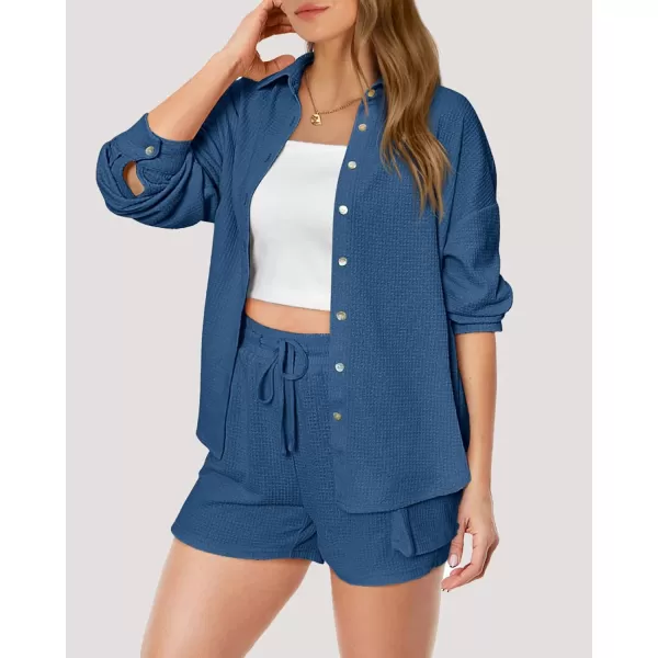 imageBTFBM Women 2 Piece Lounge Sets Button Down Shirt And Elastic Waist Shorts Casual Waffle Knit Fall Outfits with PocketSolid Navy Blue