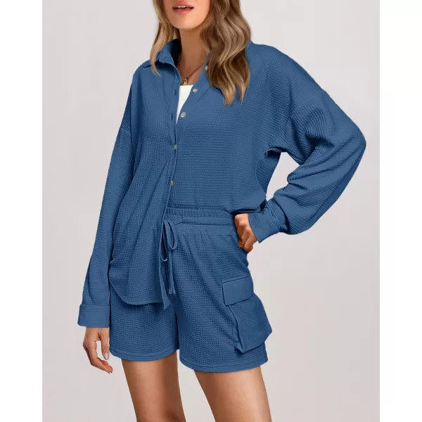 imageBTFBM Women 2 Piece Lounge Sets Button Down Shirt And Elastic Waist Shorts Casual Waffle Knit Fall Outfits with PocketSolid Navy Blue