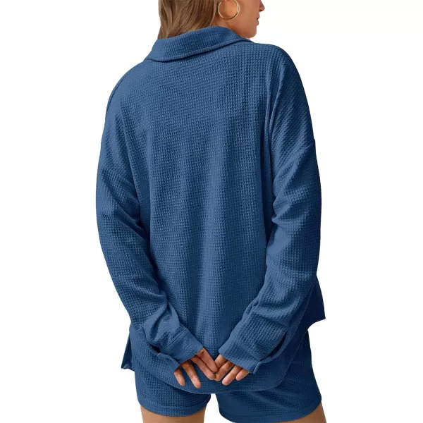imageBTFBM Women 2 Piece Lounge Sets Button Down Shirt And Elastic Waist Shorts Casual Waffle Knit Fall Outfits with PocketSolid Navy Blue
