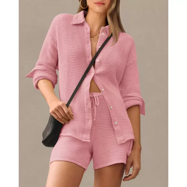 imageBTFBM Women 2 Piece Lounge Sets Button Down Shirt And Elastic Waist Shorts Casual Waffle Knit Fall Outfits with PocketSolid Pink