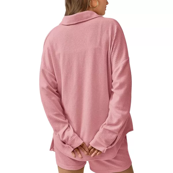 imageBTFBM Women 2 Piece Lounge Sets Button Down Shirt And Elastic Waist Shorts Casual Waffle Knit Fall Outfits with PocketSolid Pink