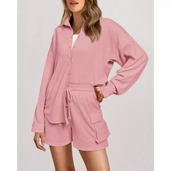 imageBTFBM Women 2 Piece Lounge Sets Button Down Shirt And Elastic Waist Shorts Casual Waffle Knit Fall Outfits with PocketSolid Pink