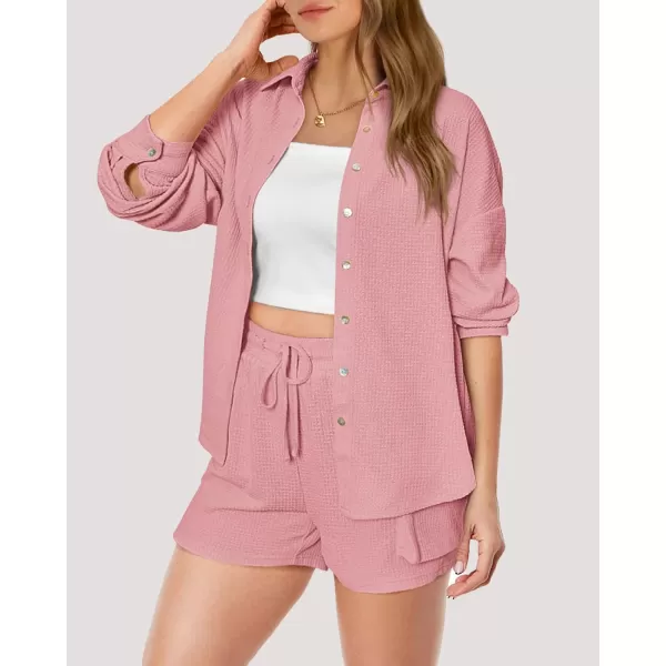 imageBTFBM Women 2 Piece Lounge Sets Button Down Shirt And Elastic Waist Shorts Casual Waffle Knit Fall Outfits with PocketSolid Pink