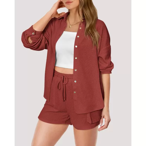 imageBTFBM Women 2 Piece Lounge Sets Button Down Shirt And Elastic Waist Shorts Casual Waffle Knit Fall Outfits with PocketSolid Rust Red