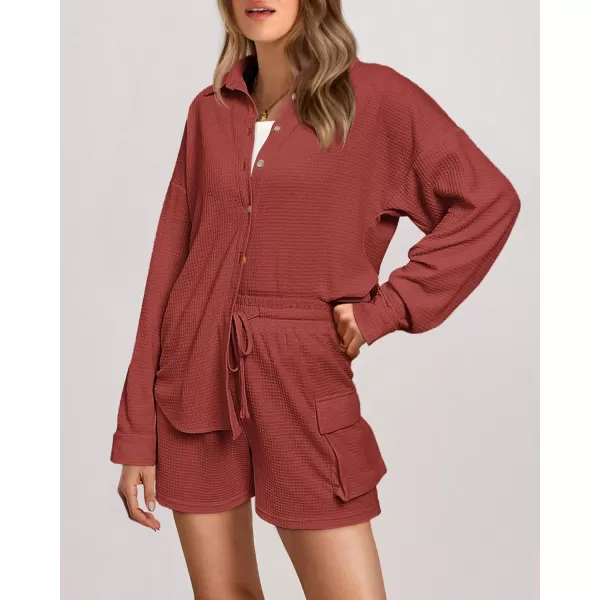 imageBTFBM Women 2 Piece Lounge Sets Button Down Shirt And Elastic Waist Shorts Casual Waffle Knit Fall Outfits with PocketSolid Rust Red