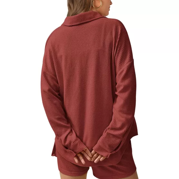 imageBTFBM Women 2 Piece Lounge Sets Button Down Shirt And Elastic Waist Shorts Casual Waffle Knit Fall Outfits with PocketSolid Rust Red