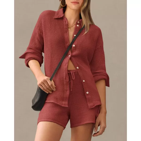 imageBTFBM Women 2 Piece Lounge Sets Button Down Shirt And Elastic Waist Shorts Casual Waffle Knit Fall Outfits with PocketSolid Rust Red
